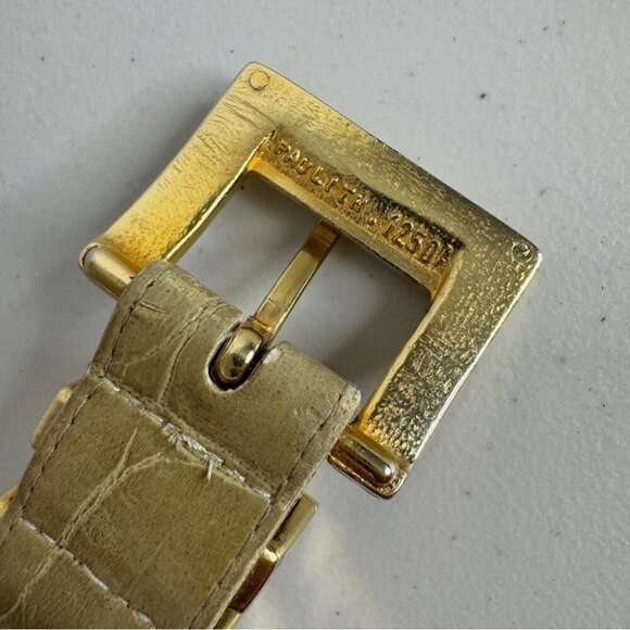 Vintage Genuine Leather Belt Beige Snakeskin textured Chunky Gold Buckle Size L - Picture 9 of 12